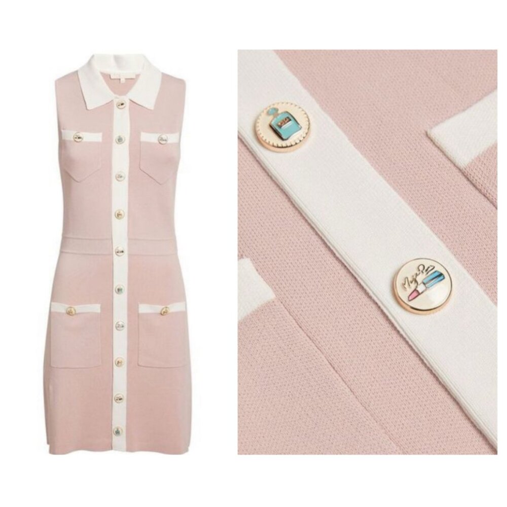 Maje Revisit Contrast Trim Woven Mini Dress Vacation 60s Retro Designer Trendy